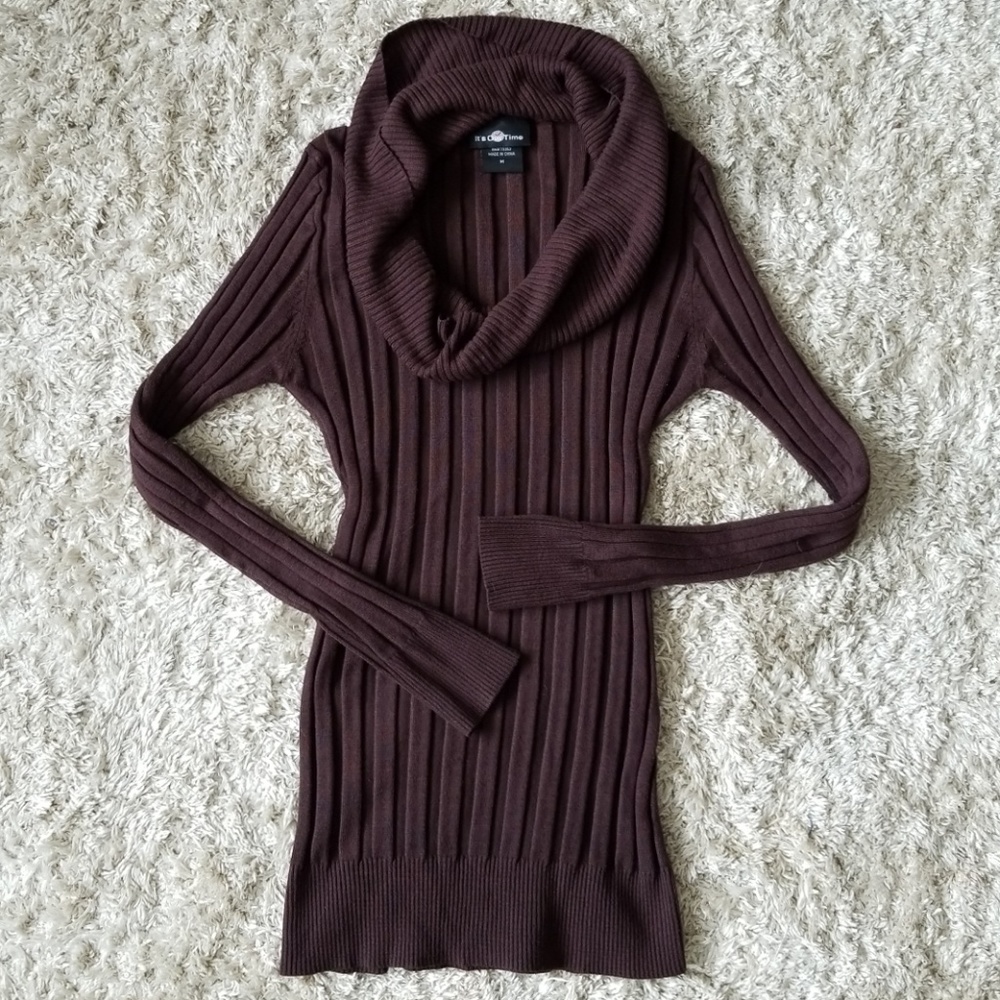 Dark brown ribbed cowl neck sweater
